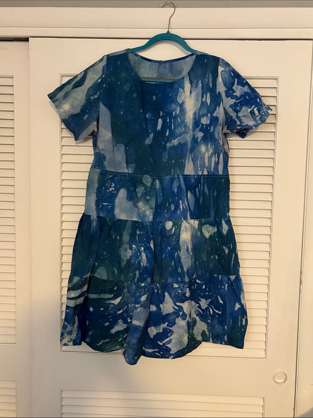 Blue Tie-Dye Batik Fair Trade Short Sleeve Tiered Dress Large